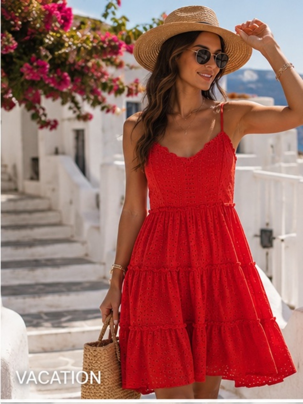 Women’s Red Eyelet Tiered Mini Dress with Spaghetti Straps